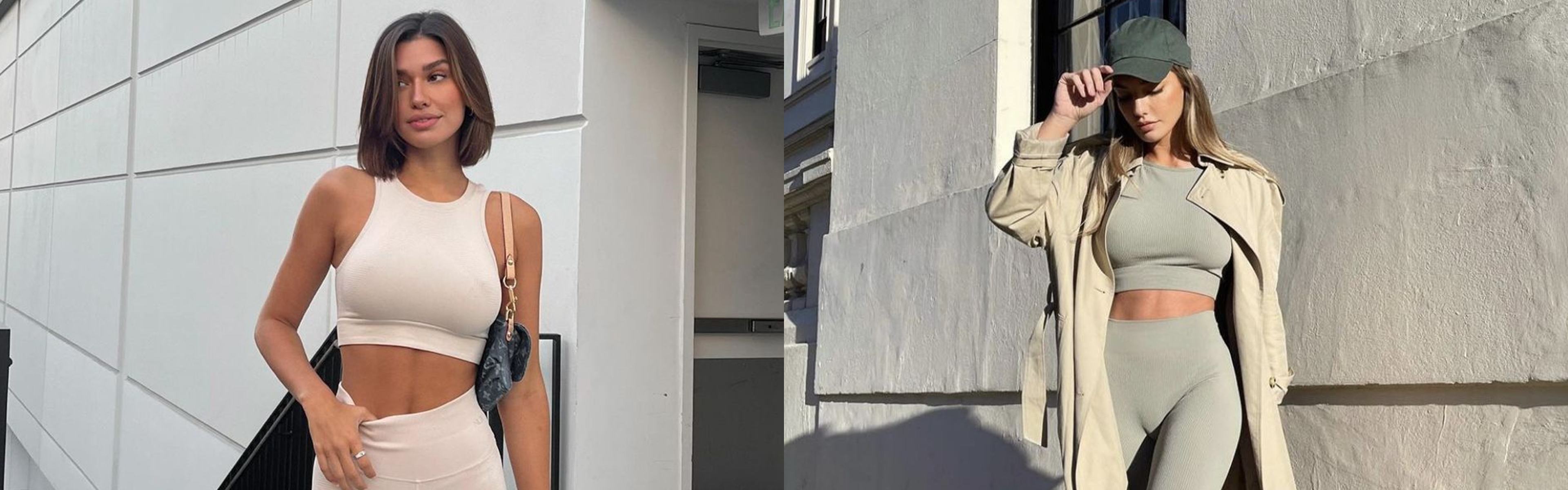 Two images of a woman in different outfits against a cityscape background.